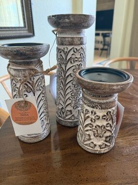 Three Handcrafted Carved Wood Candle Holders - Distressed White & Brown
